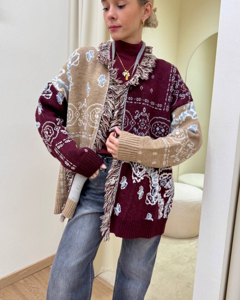 Cardigan MAYA bandana marsala e beige Kontatto Shop Online Cardigan MAYA bandana marsala e beige Kontatto
