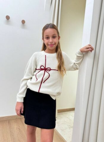 Shop Online Maglione avorio ricamo fiocco rosso Lil'Atelier